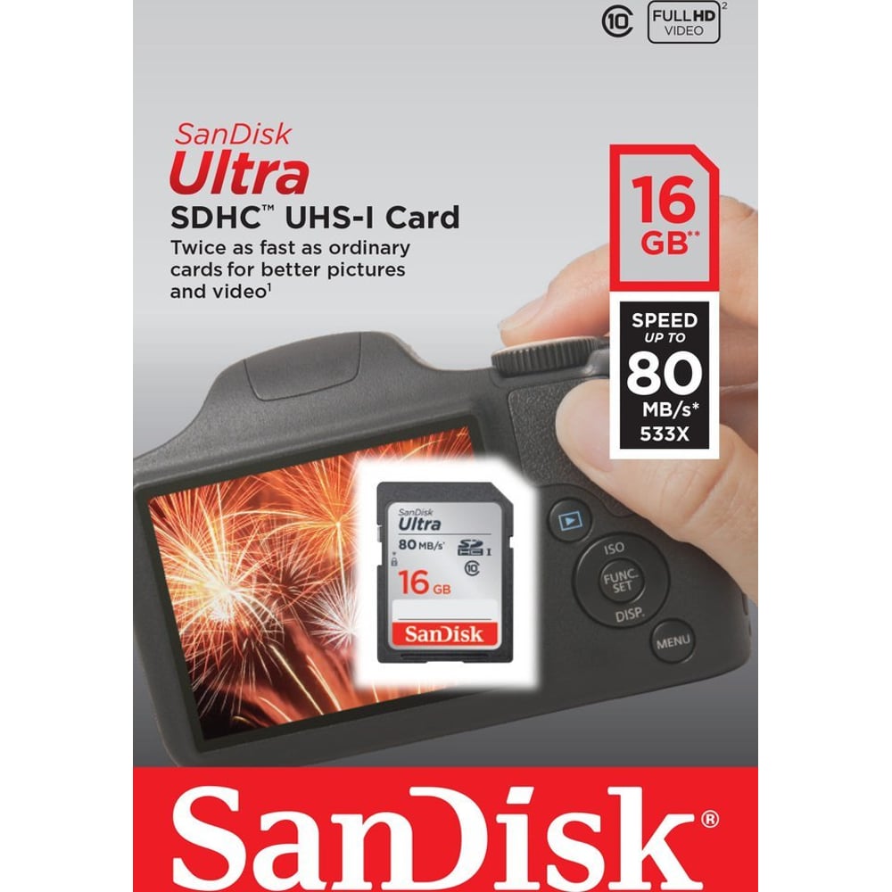 بطاقة SDHC ألترا من الفئة 10 UHS-I سعة 16 جيجابايت وسرعة قراءة 80 ميغابايت/الثانية  SDSDUNC016GGN6IN من سانديسك