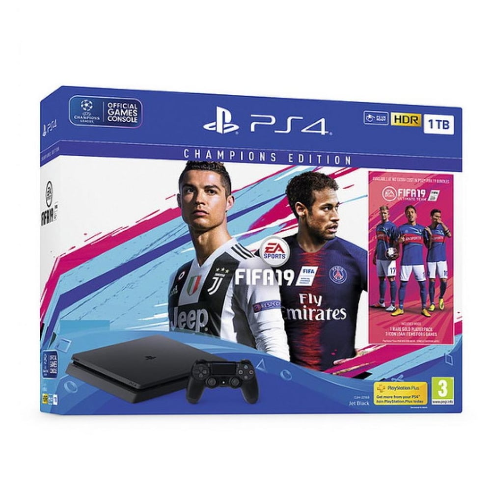 Sony PlayStation 4 Slim Console 1TB Black - Middle East Version with FIFA19 Champions Edition Game Bundle