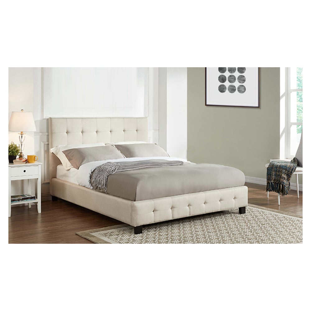 Cream Upholstered Blind Tufted Queen Bed Without Mattress Beige