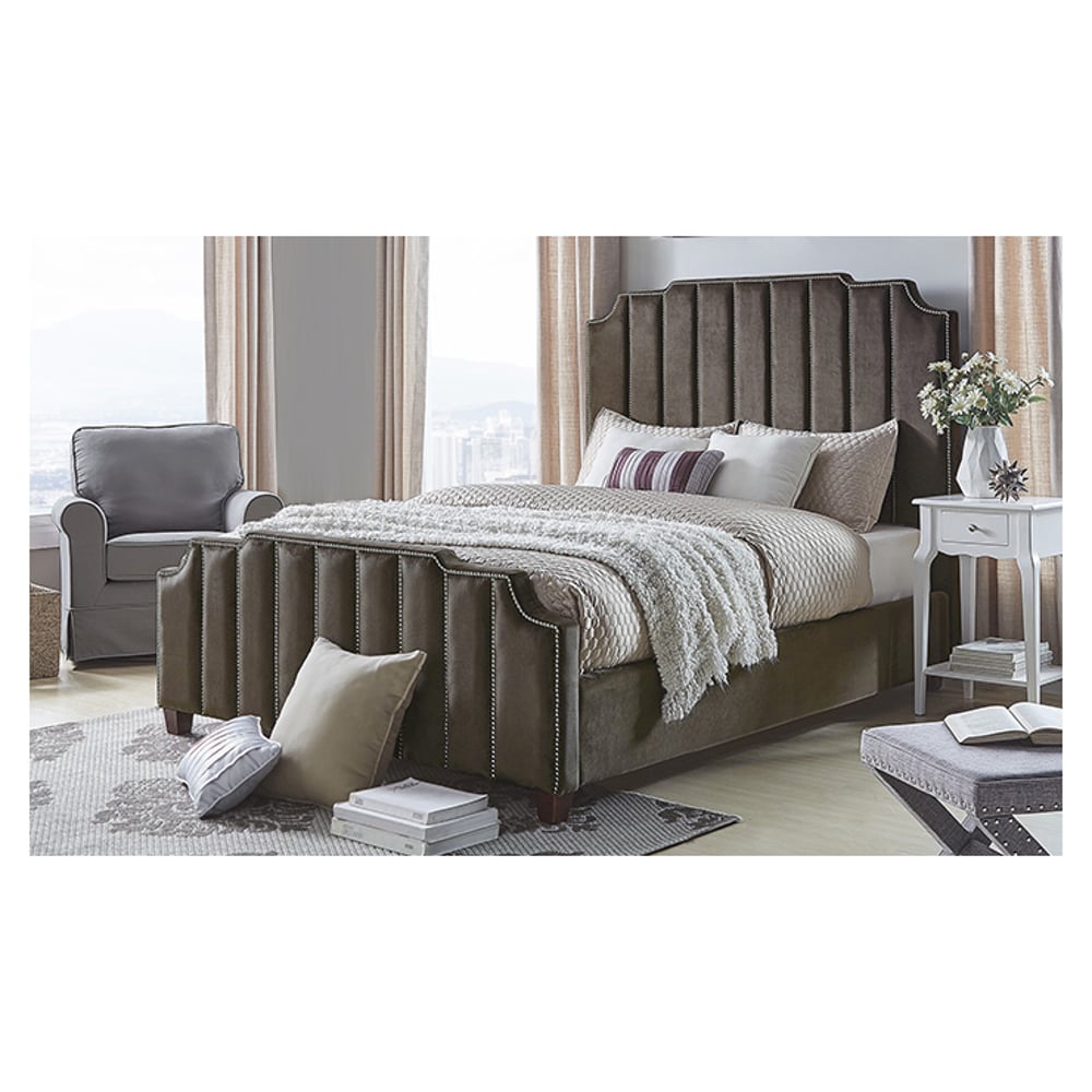 Chareau Velvet Upholstered Nailhead King Bed without Mattress Brown
