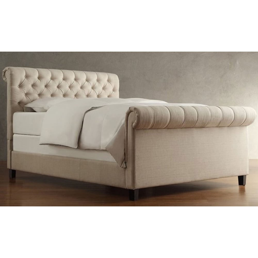 Oxford Rolled Top-Tufted Sleigh Bed Frame King with Mattress Beige