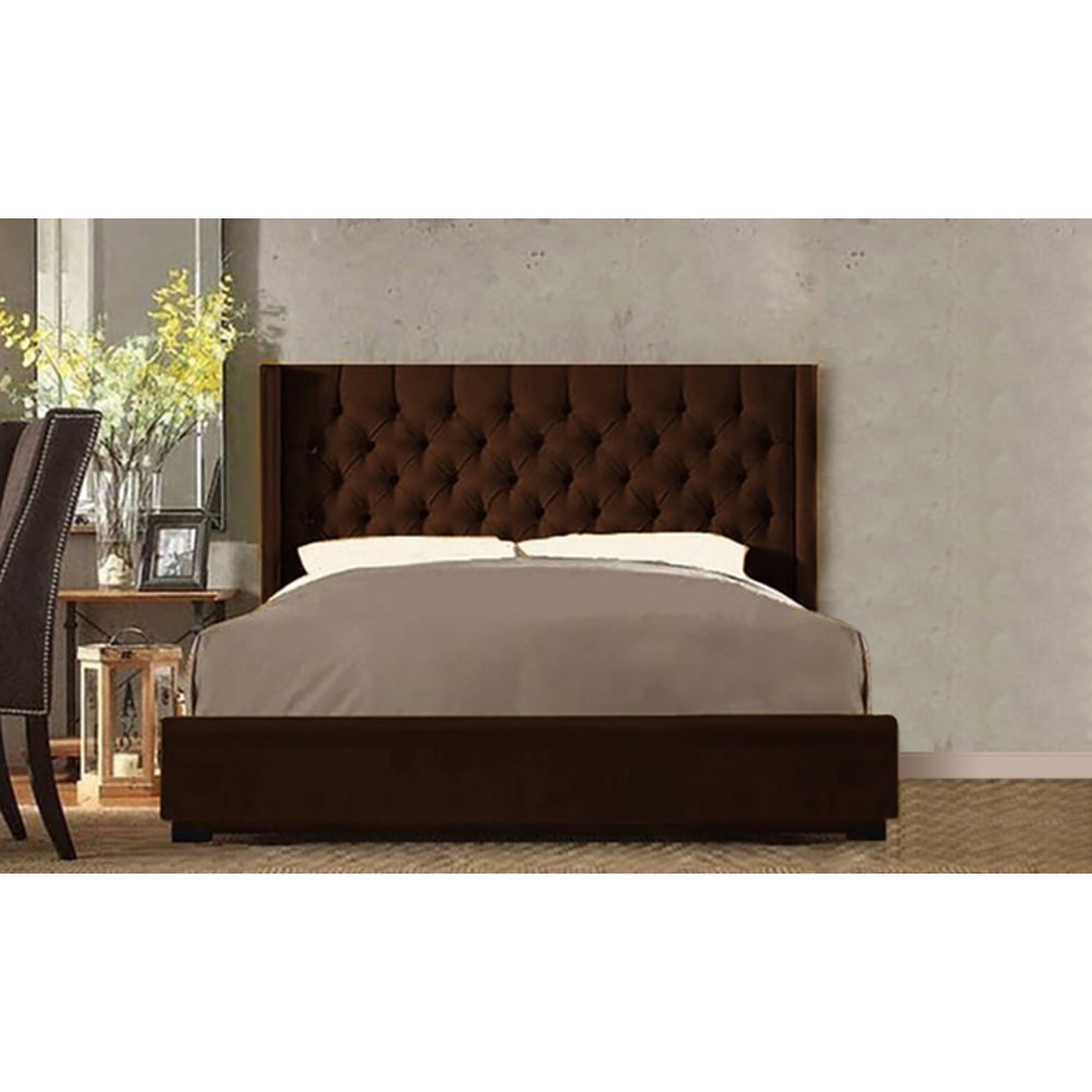 Skyline Upholstered Wingback Tufted Bed Frame Queen with Mattress Brown