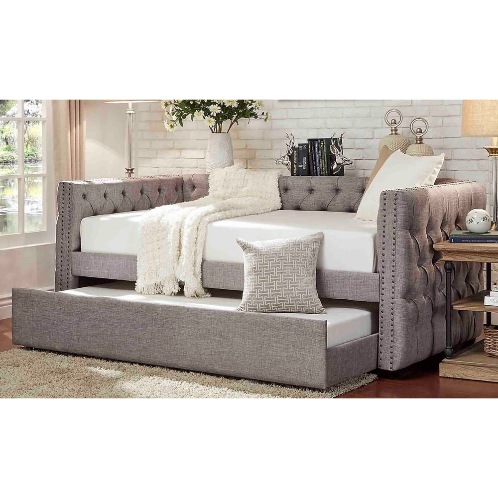 Tufted Nailhead Chesterfield Daybed and Trundle Day Bed With Trundle Grey