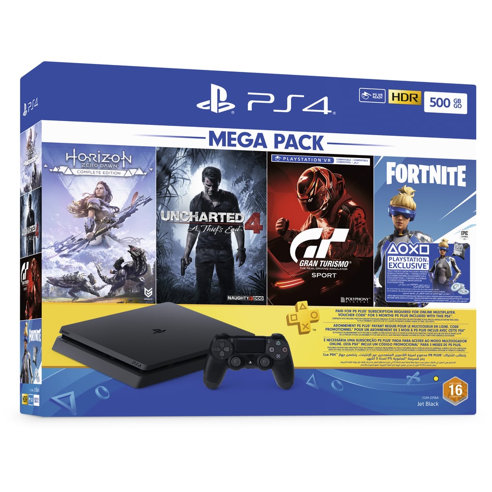 Sony PlayStation 4 Slim Console 500GB Black - Middle East Version + Horizon Zero Dawn Complete Edition + Uncharted 4 A Thief's End + PSVR Gran Turismo Sport + Fortnite + PS Plus 3 Months Code