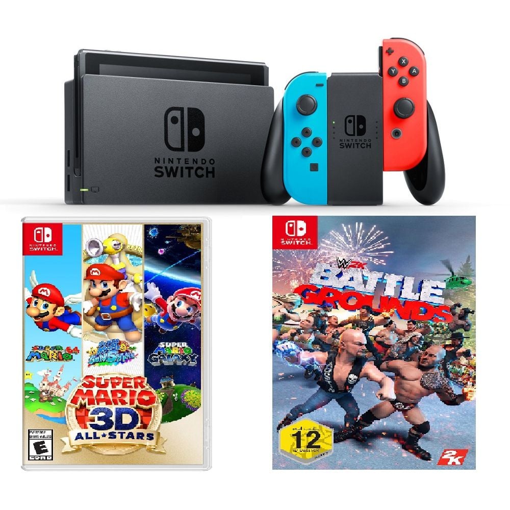 Nintendo Switch 32GB Neon Blue/Red International Version + Super Mario 3D All Stars + W2K Battle Grounds Game