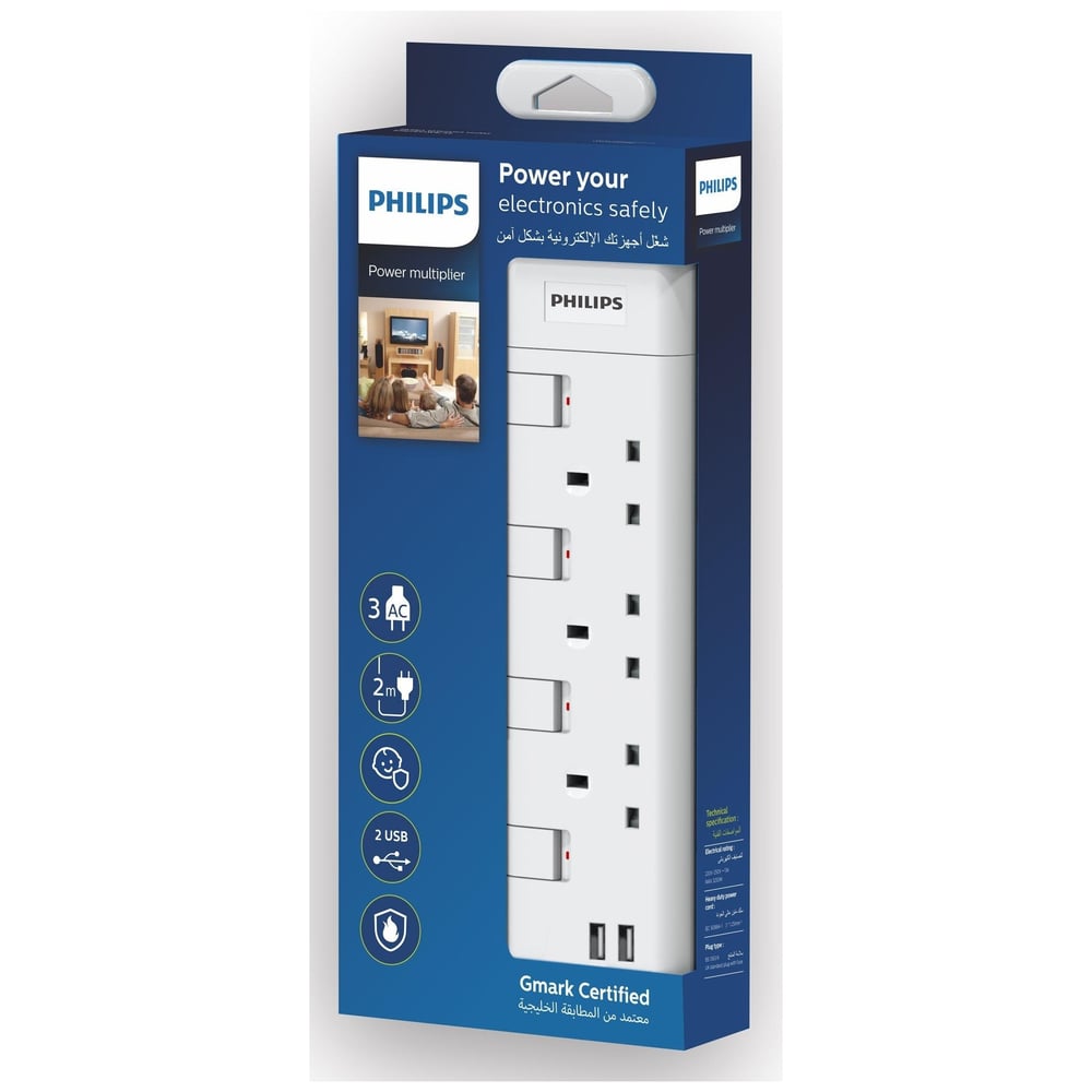 Philips SPN2934WA56 3 Way Switch 2 Meter UK Plug Extension Socket White USB