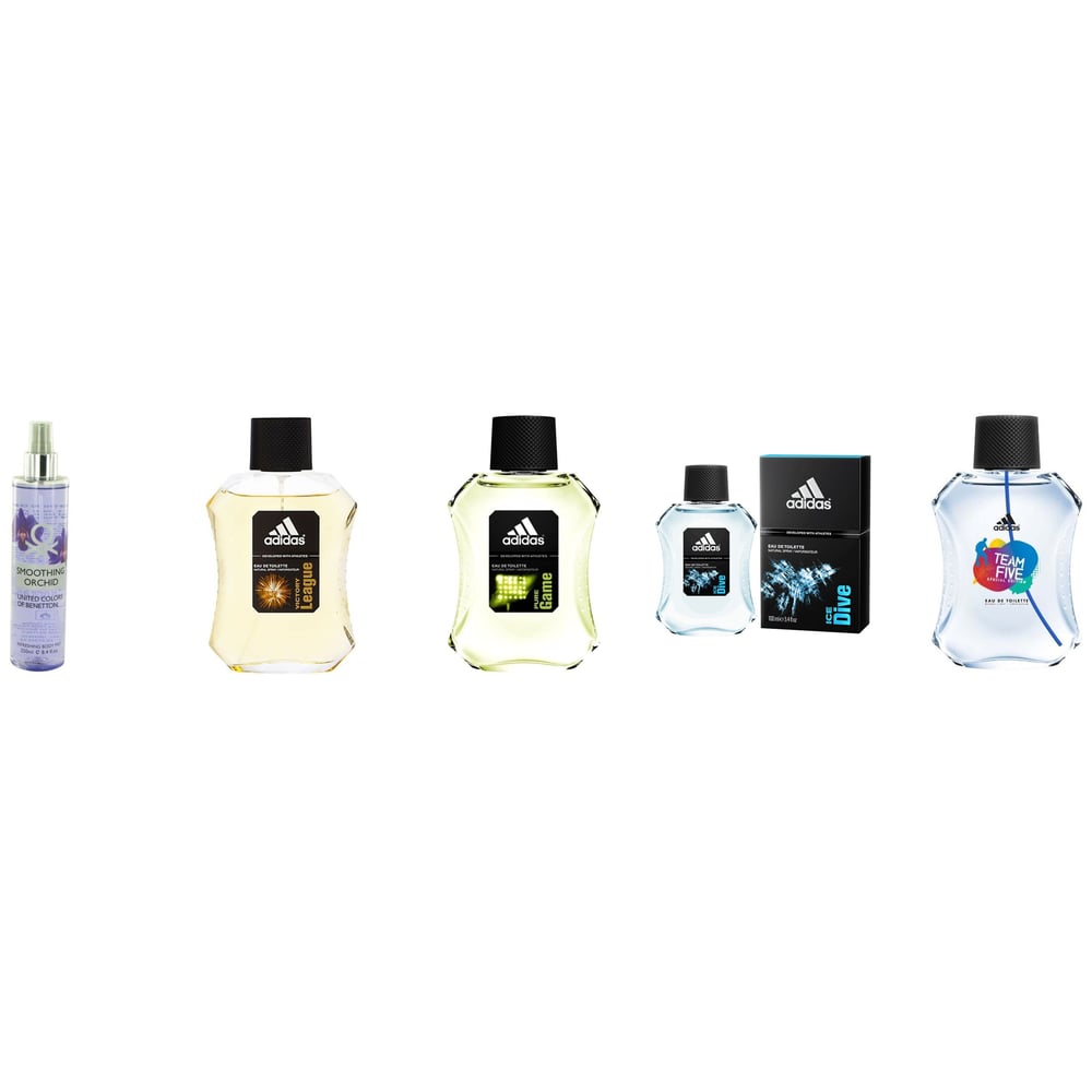 Adidas bundle offer Ice Dive+ Pure Game+ Team Five +Victory League 100 ml & Benetton smothing Orchid Body Mist 250 ml