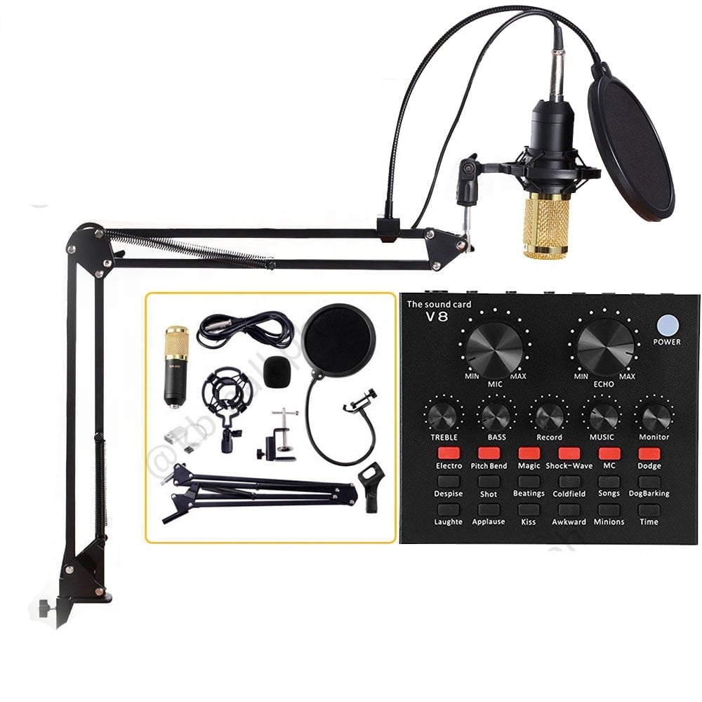 Microphone , Live Sound Card & Suspension Kit Broadcasting Recording Condenser Set Intelligent Volume Audio Mixer for Computer PC