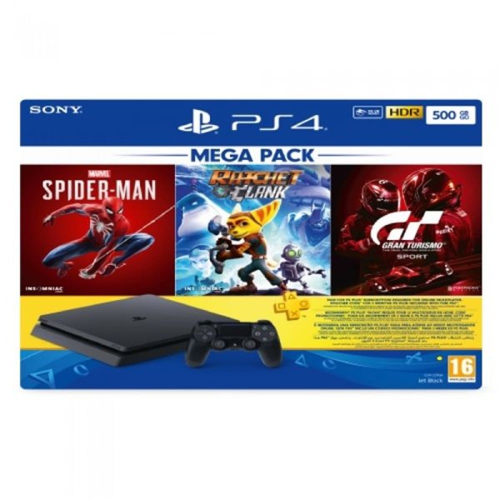 Sony PlayStation 4 Console 500GB Black - Middle East Version with Spider-Man/GT Sport/Ratchet & Clank/3M Plus Card