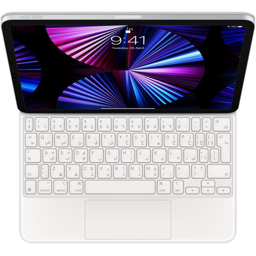 لوحة مفاتيح ماجيك من أبل لجهاز آيباد برو مقاس 11 بوصة الجيل الثالث وآير الجيل الرابع يدعم اللغة العربية باللون الأبيض