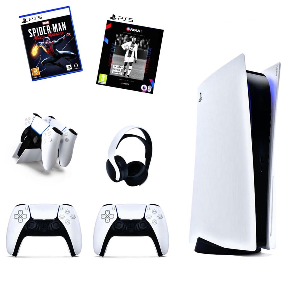 Sony PlayStation 5 (CD Version) Console White + Extra Controller + Headset + Dualsense Charger + 2 Games (Fifa 21 - English + Spiderman Miles Morales)