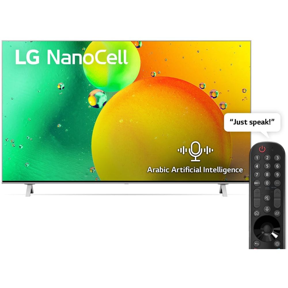 تلفزيون ال جي NanoCell بحجم 65 بوصة من سلسلة NANO77 بتصميم شاشة سينمائية بدقة ووضوح 4K بتقنية Active HDR، يعمل بنظام التشغيل webOS22 مع تقنية الذكاء الاصطناعي ThinQ من ال جي - 65NANO776QA