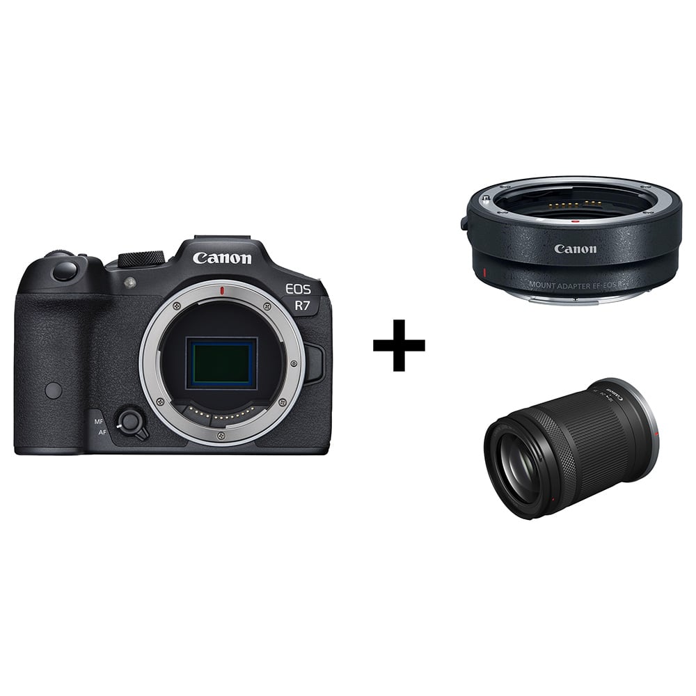 هيكل كاميرا كانون EOS R7 الرقمية بدون مرآة أسود مع عدسة RF-S 18-150 مم F3.5-6.3 IS STM ومحول حامل EF-EOS R