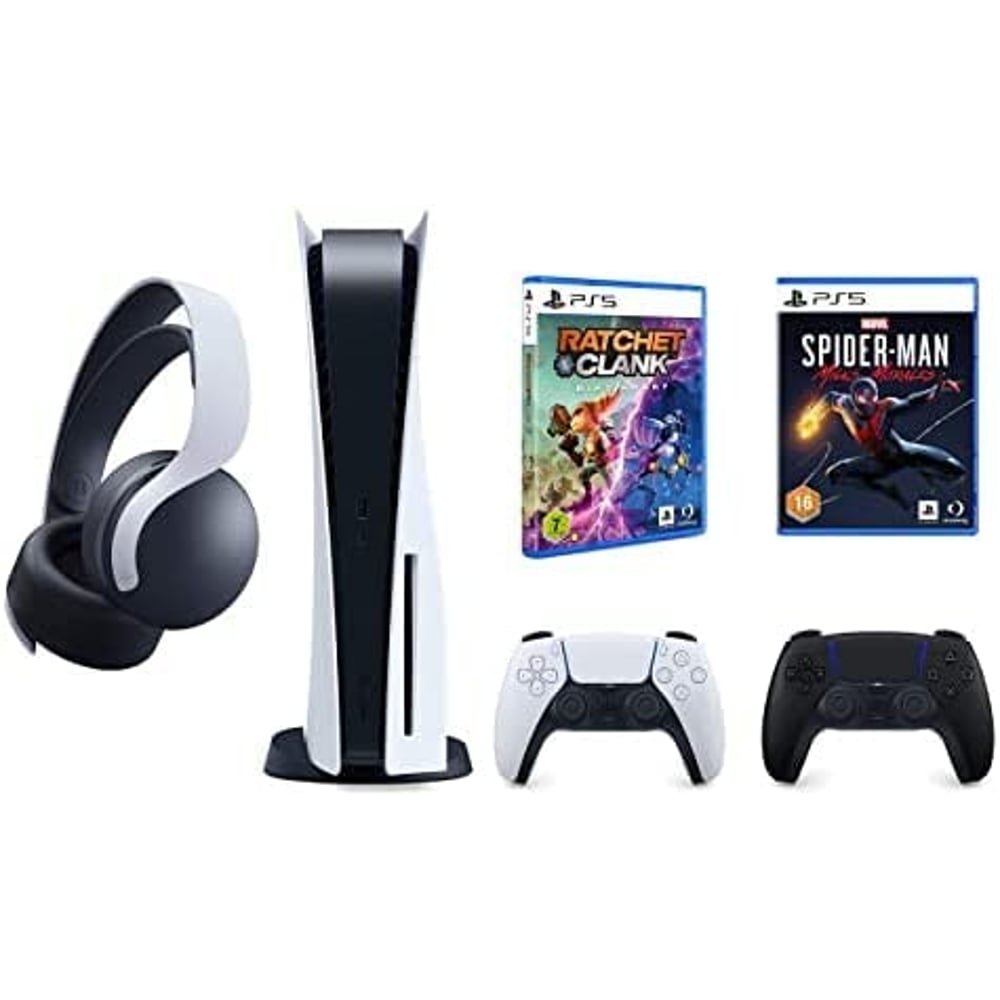 Sony PlayStation 5 Console (CD Version) White - Middle East Version + Spider-Man Miles Morales + Ratchet & Clank + Extra Pulse 3d Headset + Black Dualsense Controller Bundle