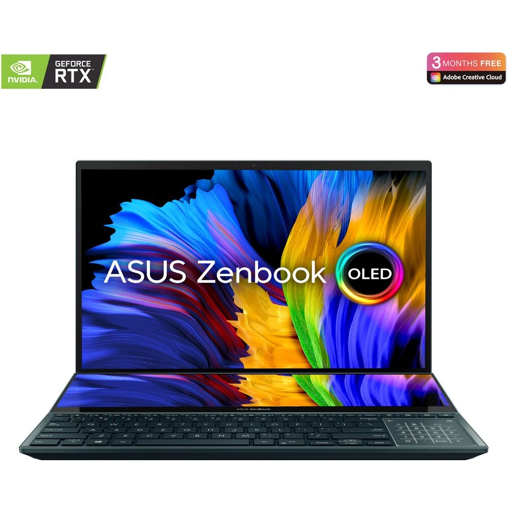ASUS ZenBook Pro Duo 15 OLED (2022) Laptop - 12th Gen / Intel Core i9-12900H / 15.6inch OLED / 32GB RAM / 1TB SSD / 8GB NVIDIA GeForce RTX 3070 Graphics / Windows 11 / English & Arabic Keyboard / Celestial Blue / Middle East Version - [UX582ZW-OLED209W]