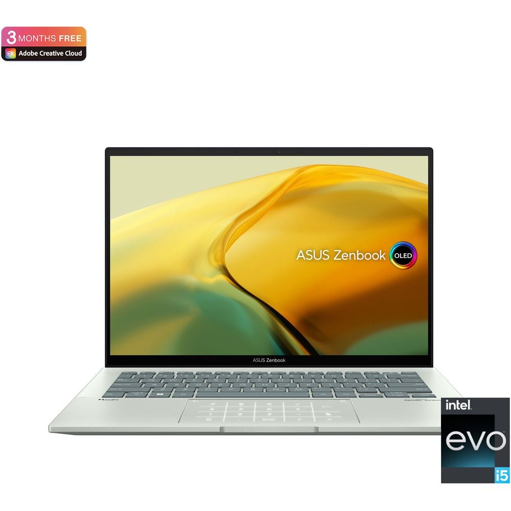 لابتوب Asus Zenbook 14 OLED بتصميم رفيع موديل UX3402ZA-OLED1Q5W بشاشة 2.8K مقاس 14 بوصة ومعالج Core i5 1.7GHz  وذاكرة رام 8 جيجابايت وذاكرة داخلية 512 جيجابايت ونظام تشغيل Win11Home وبلون سيلادون مائي ولوحة مفاتيح إنجليزي/ عربي