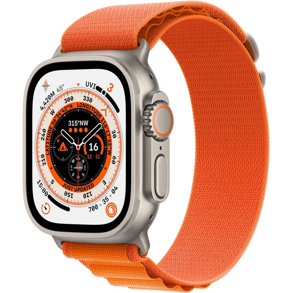Apple Watch Ultra GPS + Cellular, 49mm Titanium Case with Orange Alpine Loop - Small – Middle East Version