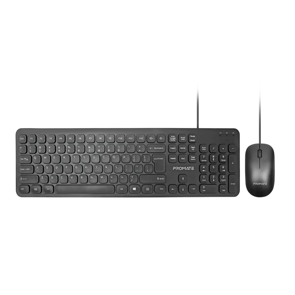 Promate Wired Keyboard with 1200 DPI Mouse, 106-Keys Quiet, Slim Design and Angled Kickstand, COMBO-KM2.EN