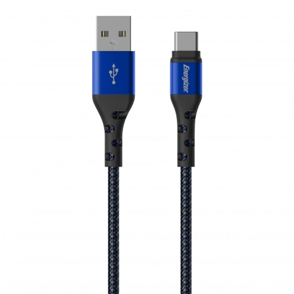 كابل إينرجايزر مضفر معدني من USB إلى Type-C بطول 2 متر باللون الأزرق.