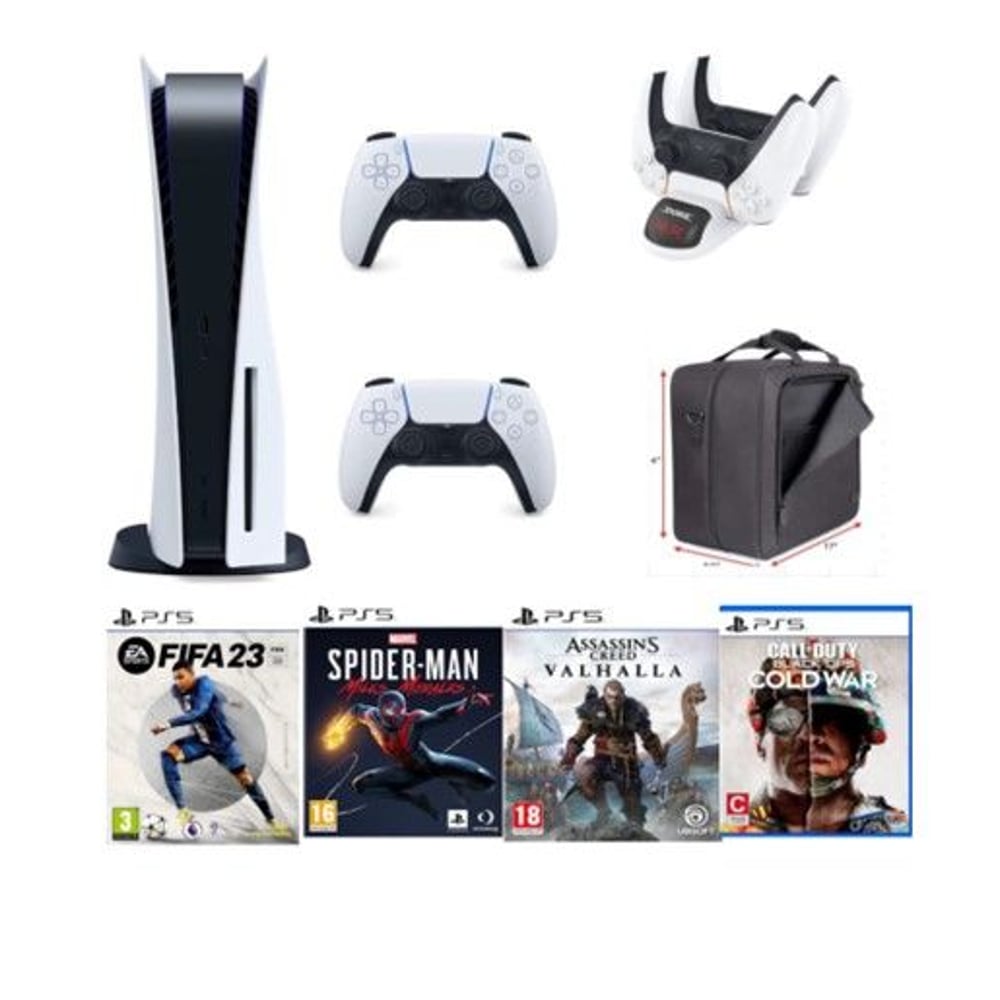 Sony PlayStation 5 Console (CD Version) White - International Version with Extra Controller + Bag + Charger Dock Station and 4 Games