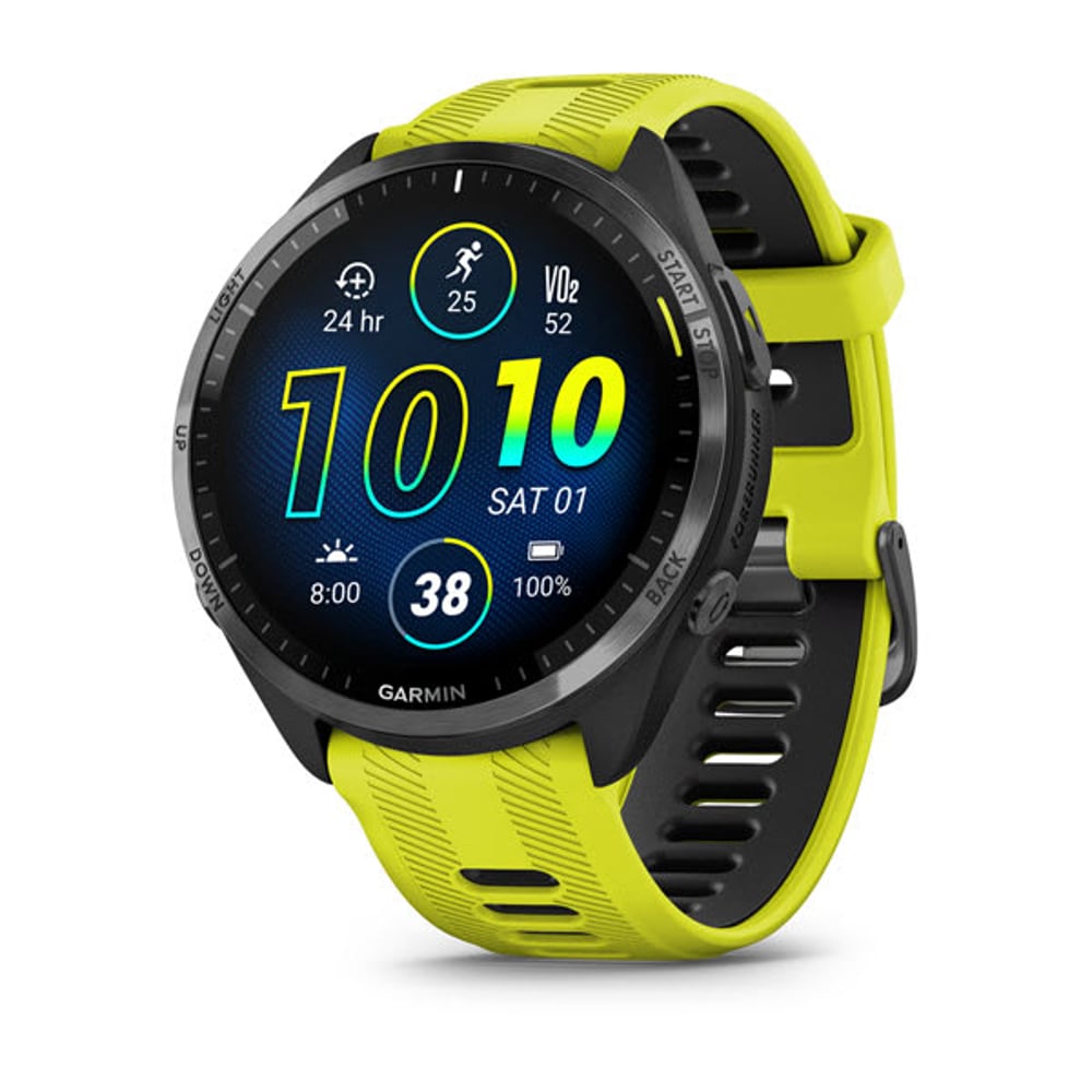 Garmin Forerunner 965 Premium GPS Running and Triathlon Smartwatch Carbon Grey DLC Titanium Bezel with Black Case and Amp Yellow/Black Silicone Band 010-02809-12