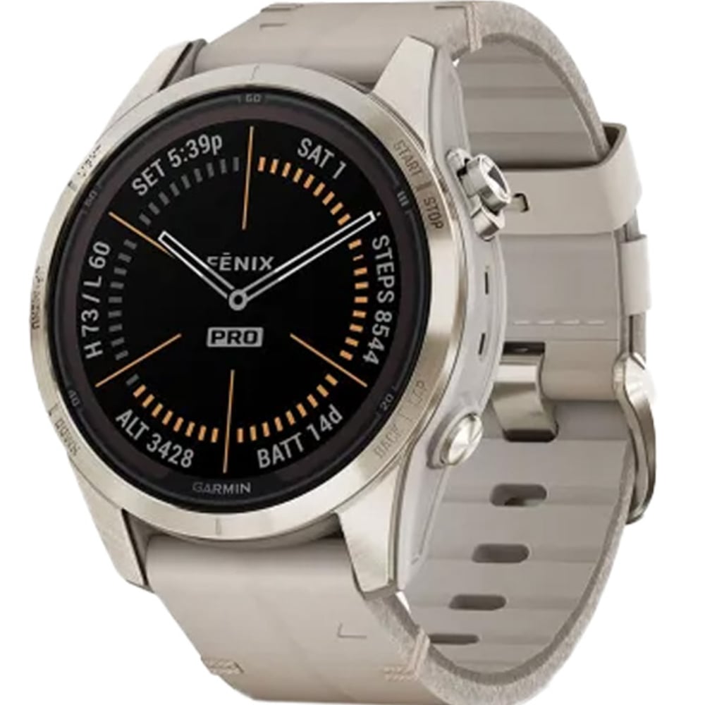 Garmin Fenix 7S Pro Sapphire Solar Edition Soft Gold Stainless Steel with Limestone Leather band Smartwatch 42mm- (includes Tundra silicone watch band) 010-02776-30