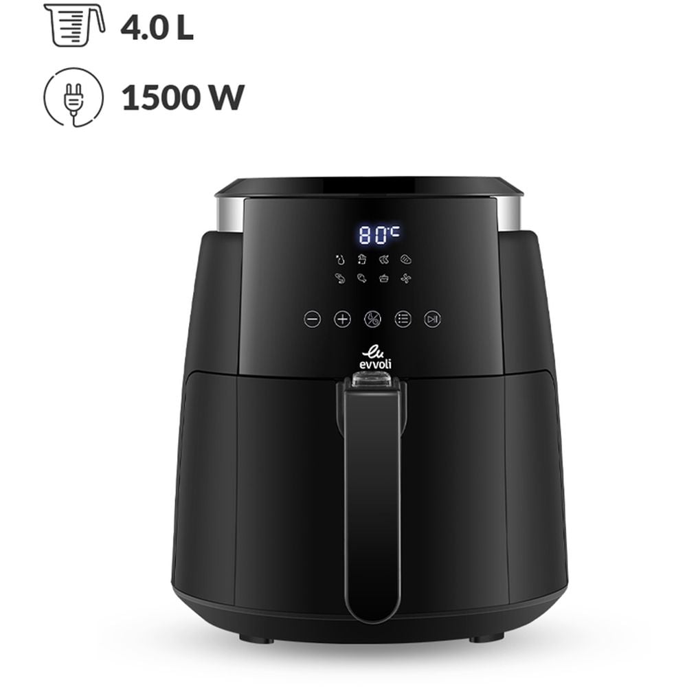 evvoli Air Fryer 4 Liter With Digital Control Panel Display, 8 Preset Programs Built-In Preheat Function 1500W - EVKA-AF4008D Black