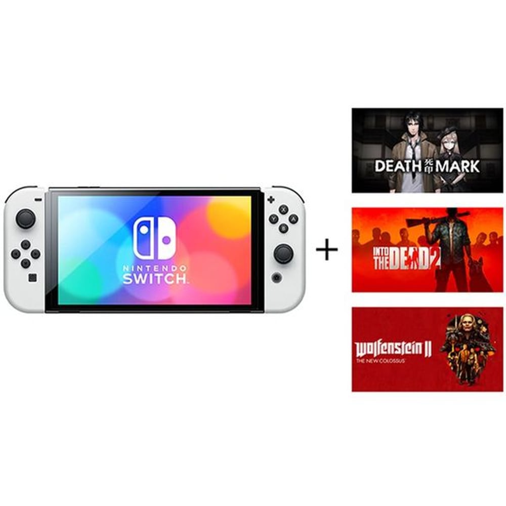 Nintendo Switch OLED Console 64GB White + Wolfenstein II Game + Into The Dead 2 Game + Death Mark Game