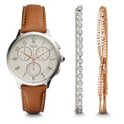 Fossil CH4001SET Abilene Light Brown Leather Ladies Watch and Jewelry Box Set