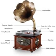 LuguLake Bluetooth Phonograph Record Player Turntable, Library Vintage Phonograph Gramophone with Copper Horn, Built-in Independent subwoofer 3.5mm Aux-in/ USB/FM for Home/Office