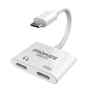 Promate USB Splitter 2-in-1 Audio and Charge USB C Adapter White