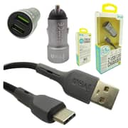Ivon 2 USB Car Charger Grey With USB Type C Cable Black