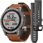 Garmin 0100254031 Fenix 7 Sapphire Solar Smart Watch 47mm Titanium With Chestnut Leather Band
