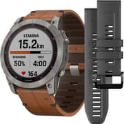 Garmin Fenix 7X Sapphire Solar Smart Watch Titanium with Chestnut Leather Band 51mm 010-02541-19
