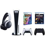 Sony PlayStation 5 Disc Console White - Middle East Version + Spider-Man Miles Morales + Ratchet & Clank + Extra Pulse 3d Headset + Black Dualsense Controller Bundle
