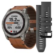 Garmin 010-02541-19 Fenix 7X Sapphire Solar Smart Watch Titanium with Chestnut Leather Band