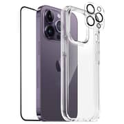 Moxedo 3 in 1 Protection Pack, Tempered Glass Screen Protector, Clear Case and Camera Lens Protector for iPhone 14 Pro Max