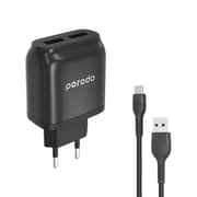 Porodo Main Charger with Cable, Dual USB Wall Charger 2.4A with Improved Version PVC Type-C Cable 1.2m EU 2pin Plug for Type-C Devices, Fast Charging Adapter & Connector Black