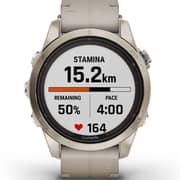 Garmin Fenix 7S Pro Sapphire Solar Edition Soft Gold Stainless Steel with Limestone Leather band Smartwatch 42mm- (includes Tundra silicone watch band) 010-02776-30
