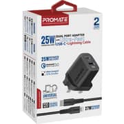 Promate Power Delivery Dual Port Adapter 25 Watts With Ultra-Fast USB-C To Lightning Cable Black