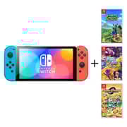Nintendo Switch OLED Console 64GB Neon Blue/Neon Red + Sushi Striker + DC Super HeroGirls + Harvest Moon: One World Game
