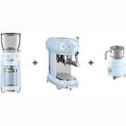 Smeg Espresso Coffee Machine Pastel Blue ECF01PBUK + CGF01PBUK Coffee Grinder + MFF11PBUK Milk Frother