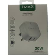 محول الشحن السريع اي ماكس PD-01 بقدرة 20 وات ومنفذ مزدوج (USB-A وUSB-C)