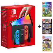 Nintendo Switch Gaming Console 64GB Neon Red/Neon Blue + Miitopia + Dragon Quest 1,2,3 + DragonQuest Builders