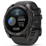 جارمين الساعة الذكية Fenix ​​8 اموليد مقاس 51 مم من الياقوت والكربون الرمادي DLC التيتانيوم مع سيليكون أسود/رمادي بلون الحصى 010-02905-21