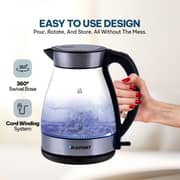 Blaupunkt 2200W Cordless Glass Kettle With 1.7L Borosilicate Body, Soft Blue LED Light, Auto Shut-Off And Boil-Dry Protection, 360° Swivel Base And Spill-Free Spout For Quick And Safe Tea Coffee Preparation BKG422