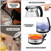 Blaupunkt 2200W Cordless Glass Kettle With 1.7L Borosilicate Body, Soft Blue LED Light, Auto Shut-Off And Boil-Dry Protection, 360° Swivel Base And Spill-Free Spout For Quick And Safe Tea Coffee Preparation BKG422