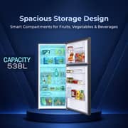 SPJ 538L Double Door Refrigerator, Top Mount, No Frost Cooling, Digital Display, High Performance Cooling, Premium Durable Design, Adjustable Glass Shelves, Low Noise, Energy Saving, Dark Silver