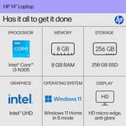 HP (2023) Laptop - Intel Core i3-N305 / 14inch HD / 256GB SSD / 8GB RAM / Shared Intel UHD Graphics / Windows 11 Home / English Keyboard / Natural Silver / International Version - [14-EP0299NR]