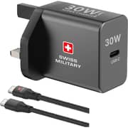 شاحن سويس ميليتاري بتقنية GaN مع سلك USB-C بطول 1 متر لون أسود BD-30W-1C